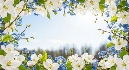 Spring Blossom Frame with Blue Flowers and Sunny Sky, White flowers, Apple blossom, Forget-me-not
