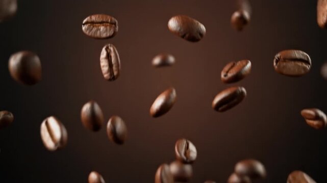 Floating Roasted Coffee Beans, Coffee Beans Falling in Air, A Moment of Aroma, Dark Coffee Beans on Brown Background, Coffee Perfection