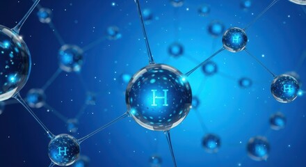 Molecular structure of hydrogen atom on a blue background with bokeh lights, Molecule, Atomic structure, Science