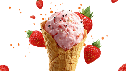 Creamy strawberry ice cream topped with rich chocolate drizzle and chocolate chunks dessert treat isolated on white background