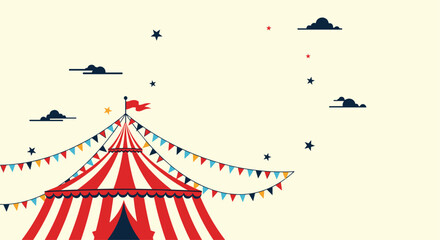 Obraz premium A charming illustration of a classic red and white striped circus tent decorated with colorful bunting under a starry night sky, evoking a sense of wonder and festivity.