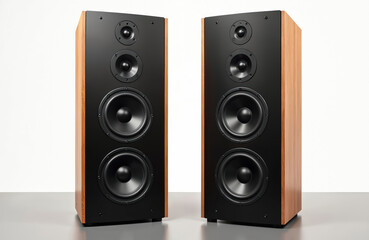 Fototapeta premium Two tall black tower speakers with wood grain trim stand side by side. Each speaker has three drivers. Minimalist indoor studio shot with a clean bright background. Modern audio equipment.