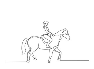 Continuous one line drawing of woman jockey riding horse . Equestrian Rider single line art illustration. Editable vector.