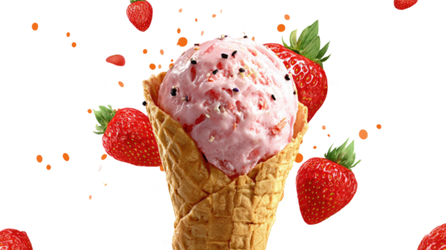 Creamy strawberry ice cream topped with rich chocolate drizzle and chocolate chunks dessert treat isolated on white background