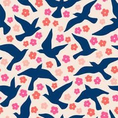 Abstract flying birds on simple little flowers background. Silhouettes of pigeons, doves daisy florals seamless pattern. Vector illustration for minimal textile fabric print design