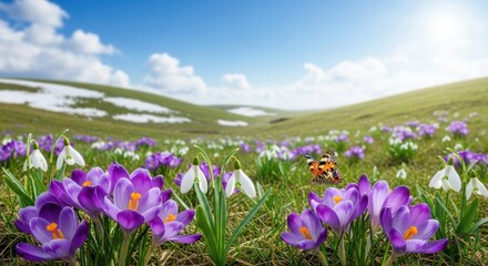 Spring Meadow with Crocus, Snowdrops, and Butterfly, Flowers, Nature, Outdoor