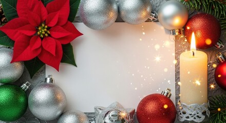 Festive Christmas Frame with Poinsettia, Ornaments, and Candle, Holiday, Flower, Red