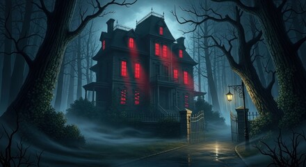 Eerie Mansion in Misty Forest at Night, Haunted house, Spooky, Creepy