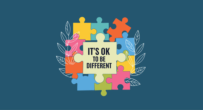 Colorful jigsaw puzzle pieces arranged in a wreath shape with the text 'It's ok to be different' promoting inclusivity and acceptance.