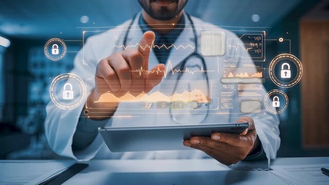 Doctor using a digital tablet with secure medical dashboards, encrypted patient records, and advanced health data monitoring for smart clinical decision-making.