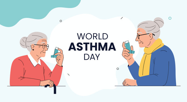 World Asthma Day illustration featuring two senior adults using inhalers, promoting awareness and respiratory health for the elderly population.
