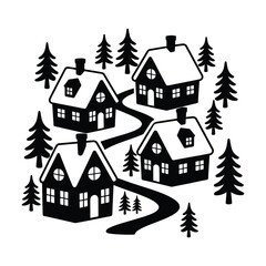Fototapeta premium Snowy Winter Village Houses Pine Trees Silhouette Icon