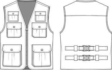 Utility vest flat sketch, fashion technical drawing, apparel design outline, garment construction vector, clothing blueprint illustration, CAD fashion design template
