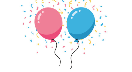Festive celebration with a pair of colorful balloons-one pink and one blue-surrounded by bright confetti, symbolizing joy and a cheerful occasion.