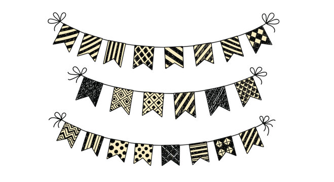 Festive bunting garlands with black and beige geometric patterns create a celebratory atmosphere, perfect for parties and events.