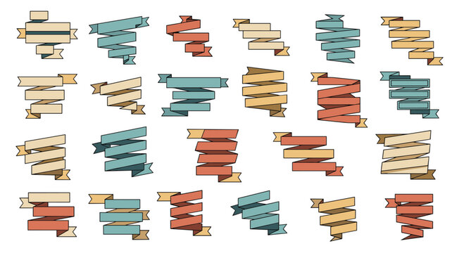 Collection of vintage ribbon banners and decorative scroll elements in pastel colors, ideal for design projects and celebratory themes.