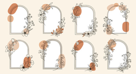 Elegant floral arch frames collection with botanical line art and terracotta shapes for wedding invitations, stationery, or branding designs.