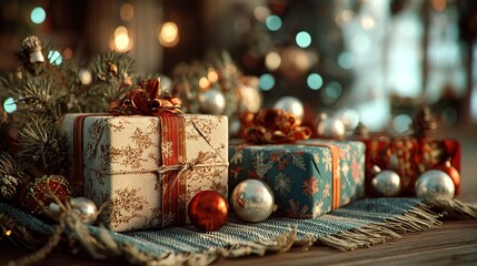 Festive Christmas Gifts and Ornaments with Bokeh Lights