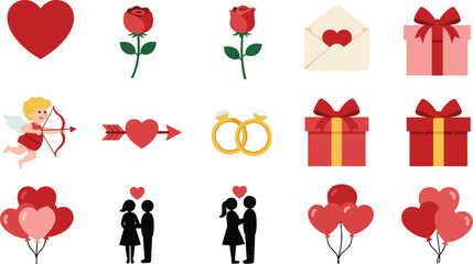 Valentine’s Day icons, love heart, roses, cupid, wedding rings, balloons, romantic couple, gift box, envelope, arrow, cad drawing flat vector illustration