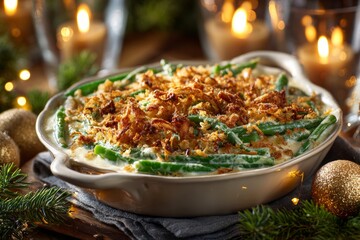Green bean casserole in close-up, topped with crumbled breadcrumbs on wooden surface, surrounded by greenery. Concept of warm ambiance, baked beans with mushroom sauce, cozy setting.
