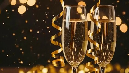Two champagne flutes with celebratory mood clinking against a golden bokeh and ribbon backdrop