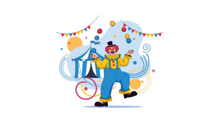 Fototapeta premium A cheerful clown performs in front of a colorful circus tent, juggling balls and rings with a joyful expression, creating a festive atmosphere.