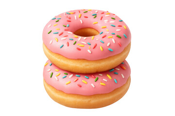 Stack of two pink glazed donuts with colorful sprinkles, representing sweet indulgence and dessert cravings on transparent background