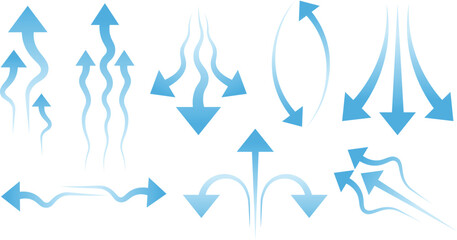 A collection of airflow icons with arrow and wave shapes depicting fresh air, ventilation, and wind movement.