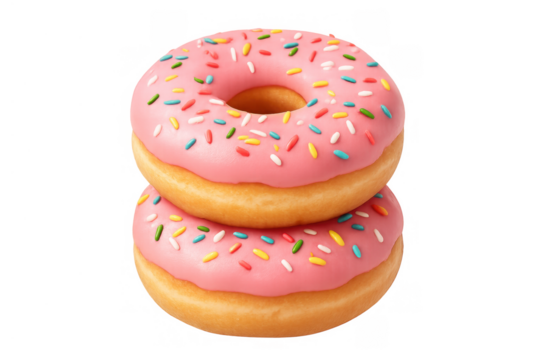 Stack of two pink glazed donuts with colorful sprinkles, representing sweet indulgence and dessert cravings on transparent background