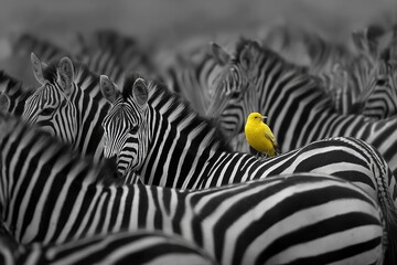 Obraz premium Yellow bird in selective color perched on zebra back within monochrome herd