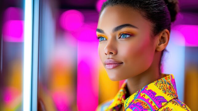 Female customer testing virtual fashion try-on in glowing holographic mirror with neon accents - Powered by Adobe