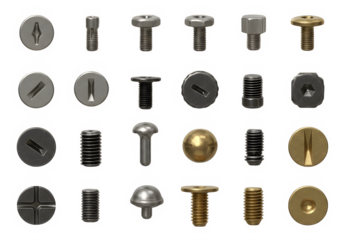 Top‑View Fasteners Pack (16 Screw Heads) – Isolated on Transparent Background PNG