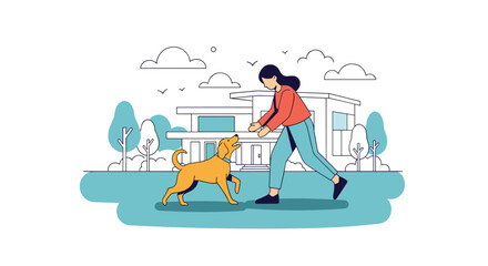 A woman playfully interacts with her happy golden retriever dog in front of a modern home on a bright, sunny day, enjoying outdoor time together.