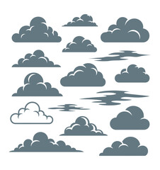 Collection of stylized vector clouds in a flat grey design, perfect for weather forecasts, sky illustrations, and graphic icons