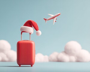 Christmas Travel Concept with Santa Hat and Airplane
