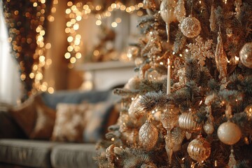 Golden Christmas Tree with Warm Festive Lights