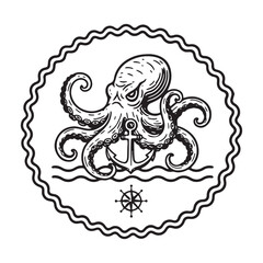 Vintage Kraken Octopus Holding Ship Anchor Marine Badge.