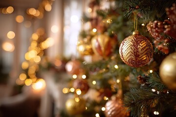 Festive Christmas Tree with Golden Ornaments and Bokeh