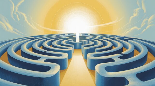 A bright sun shines at the center of a complex maze, symbolizing a journey towards enlightenment or a solution.