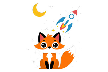 Obraz premium Cute fox and rocket soaring through starry night sky