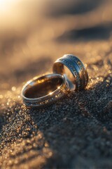 Shimmering Wedding Rings Bathed in Golden Light on Sand