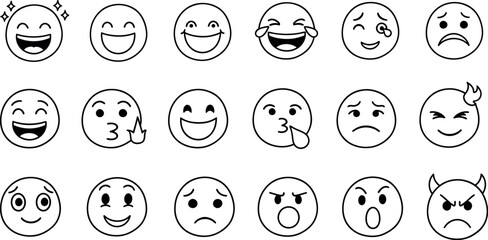 Collection of hand drawn cartoon faces expressing a wide range of emotions and feelings in a simple black and white line art style