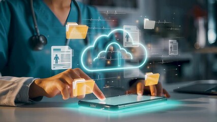 Doctor using a digital device to access secure cloud-based patient records, highlighting electronic data management, medical information storage, clinical workflow, and modern health care technology. - Powered by Adobe