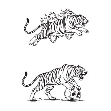 Vintage Tiger Jumping Fire Ring and Standing on Skull Set.