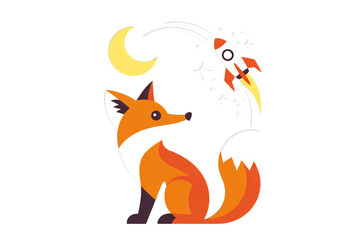 Obraz premium Curious fox gazes at rocket launching towards moon and stars