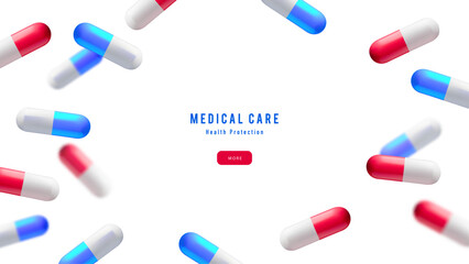 Background with realistic 3d capsules. Medical, pharmacy, healthcare, hospital, clinic, telemedicine, insurance, biotechnology concept. Vector illustration.