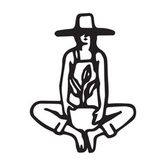 Minimalist Farmer in Hat Holding Potted Plant Icon.