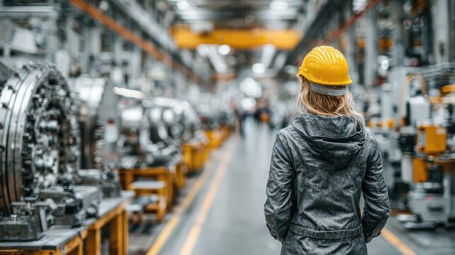 Woman with yellow hard hat walking through large factory floor at daytime with many workers in background