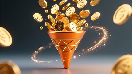 A bright 3D orange funnel icon releasing multiple flying gold coins, rendered with smooth glossy surfaces, clean reflections, and a modern digital style. Vibrant, high-detail composition .