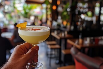 A person is holding a glass of a yellow drink with a slice of orange in it